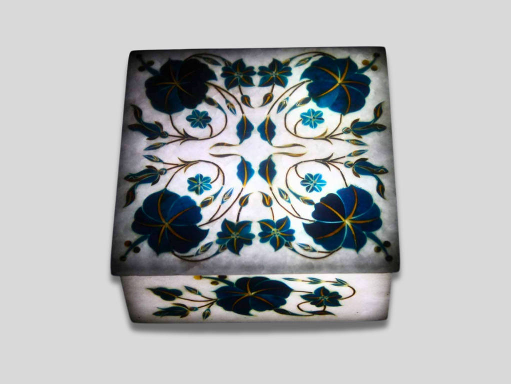 White Marble Turquoise Floral Jewelry Box